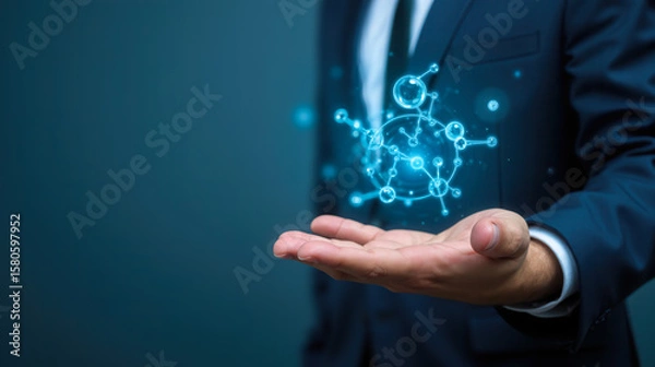Obraz Businessman displays holographic molecules, symbolizing chemistry innovation, highlighting opportunities for new materials, business growth, and advances in research and technology progress