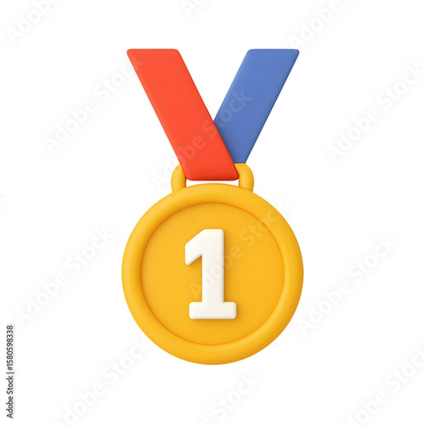 Fototapeta 3D gold first place medal icon with red and blue ribbon and number one isolated on transparent background