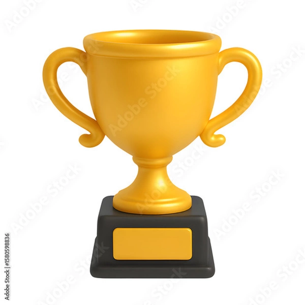 Fototapeta 3D golden trophy cup icon with black base and blank nameplate, symbol of award and success, isolated on transparent background