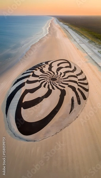 Fototapeta Aerial view of nautilus shell art on beach sand at sunset scenic ocean coastline