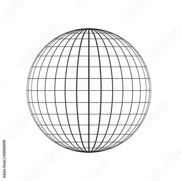 Fototapeta Wireframe globe sphere with black grid lines on white background representing global network or earth model