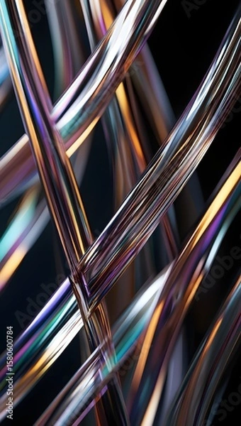 Fototapeta Abstract metallic chrome cables background futuristic design with light reflections