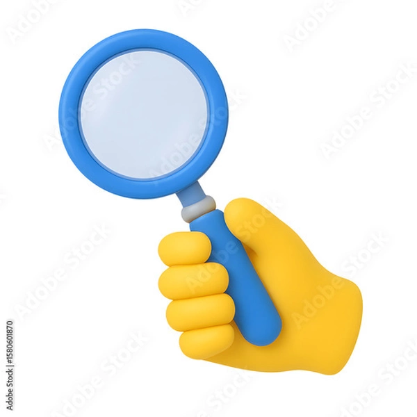 Fototapeta 3D magnifying glass icon held by yellow cartoon hand with blue handle isolated on transparent background