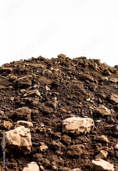 Obraz Dark brown soil texture with rocks pile of earth isolated on white background