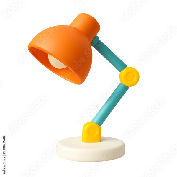 Fototapeta 3D modern desk lamp with orange shade, blue arm, and round white base, isolated on transparent background