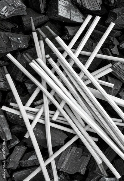Obraz Wooden sticks arranged on a pile of charcoal Monochrome image black and white