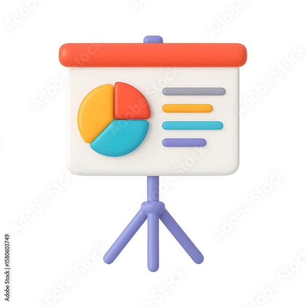 Fototapeta 3D presentation board icon with colorful pie chart and data bars on tripod stand isolated on transparent background