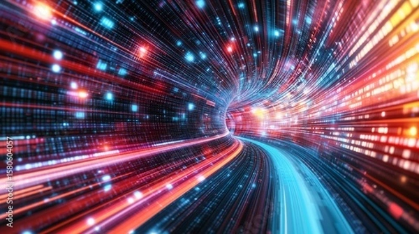 Fototapeta Abstract dynamic light trails create a vibrant digital tunnel effect for fast communications and digital concept