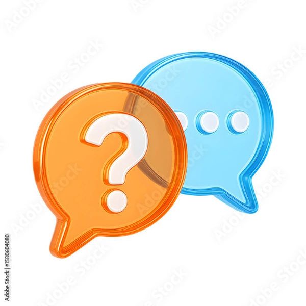 Fototapeta 3D question and chat bubble icon with orange and blue translucent symbols, isolated on transparent background