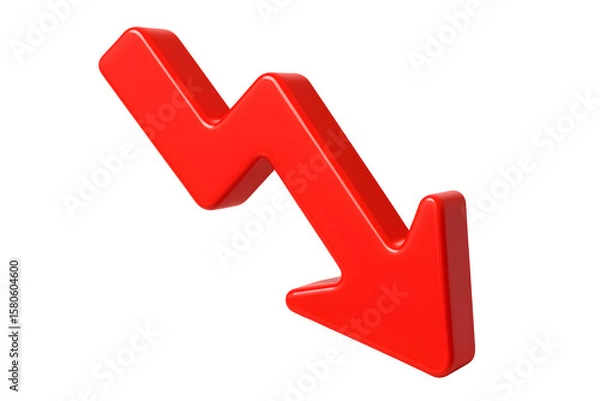 Fototapeta 3D red downward arrow icon with sharp zigzag shape showing decline, isolated on transparent background