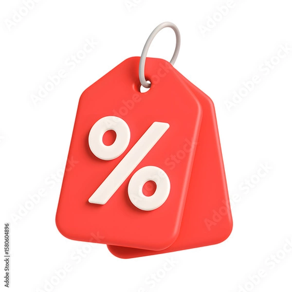 Fototapeta 3D red discount price tag icon with white percentage symbol and silver ring isolated on transparent background