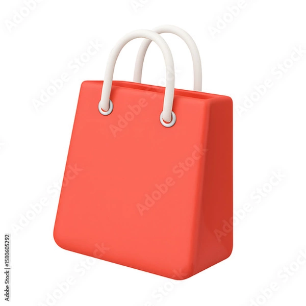 Fototapeta 3D red shopping bag icon with white handles and soft rounded edges isolated on transparent background