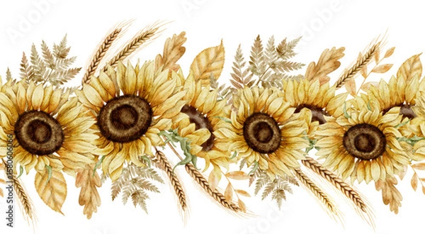 Obraz Watercolor floral seamless border of blooming Sunflowers, wheat, and fall foliage. Illustration of botanical blooming Frame for autumn greeting cards, or seasonal invitations. Art for harvest design
