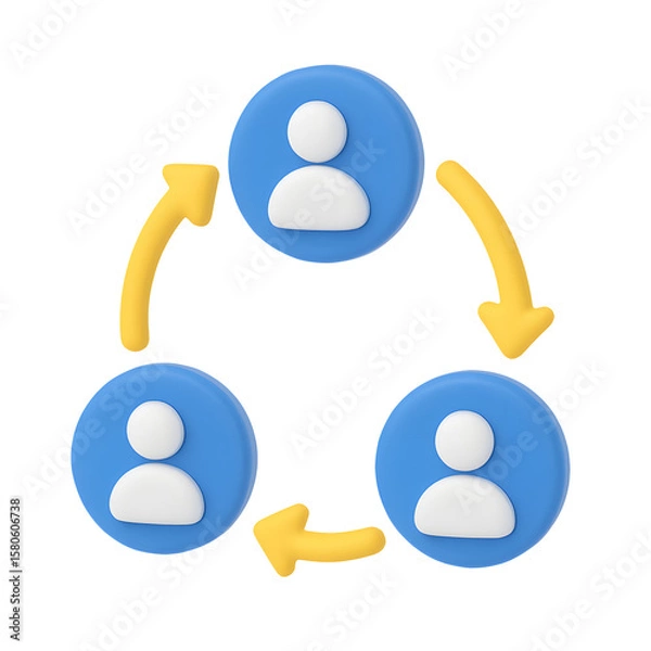 Fototapeta 3D user connection icon with three blue circular avatars and yellow arrows forming a communication cycle isolated on transparent background