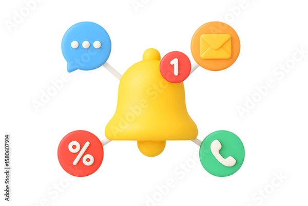 Fototapeta 3D yellow bell notification icon with message, call, email, and alert symbols, isolated on transparent background