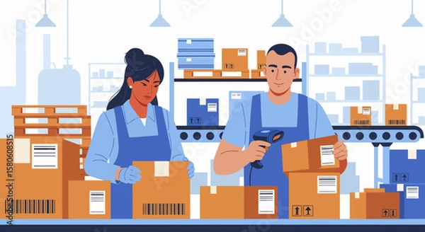 Fototapeta Warehouse workers scanning and sorting boxes on a conveyor belt in a factory.