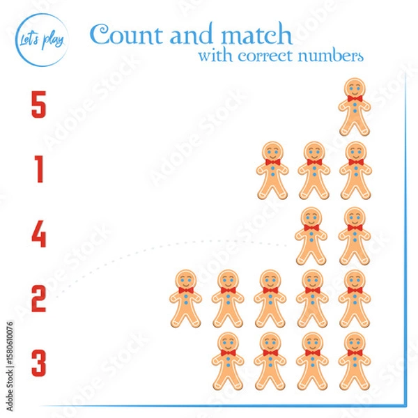 Fototapeta Colorful children's game layout for printing. Development of children and games with children. Counting and matching. Cookie man. EPS 10
