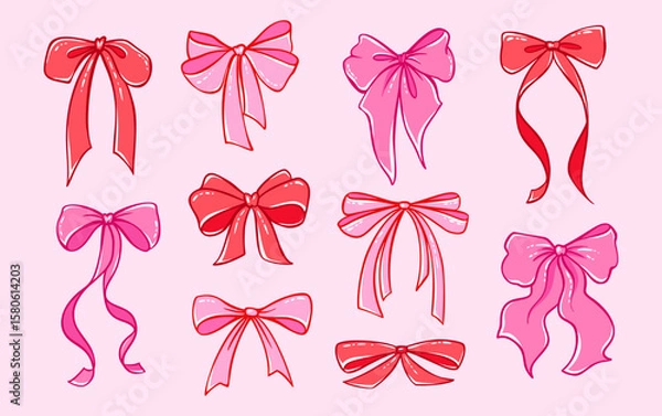 Fototapeta Bow Ribbon Pink and Red Coquette Vector Set Of Cute Gift Bows And Romantic Lace Drawing.