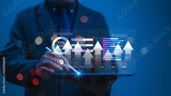 Fototapeta Data Driven Decision-Making Businessman Analyzing Digital Data User Insights On Tablet, Leveraging Technology For Business Intelligence Decision-Making With Stylus