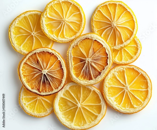 Fototapeta Top view of dried lemon slices arranged on a white background, showcasing textures and color variations. Perfect for food styling, natural products, or culinary-themed visuals
