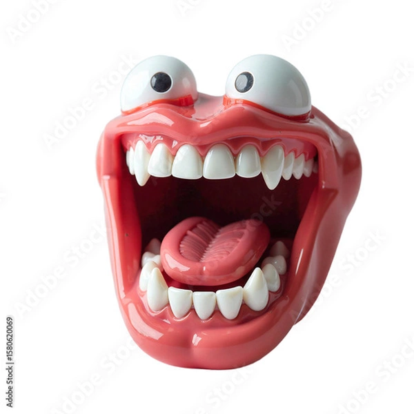 Fototapeta Joke fangs toy isolated, Transparent plastic gadget, Compact scary object, Fun costume unit, White novelty tool, Classic prop piece, Party accessory