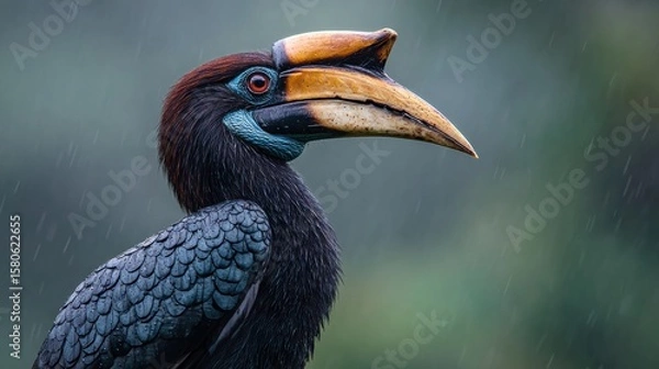 Fototapeta Helmeted Hornbill in Profile Perched in a Misty Rainforest, Poised for a Quiet Moment Amidst Vibrant Greenery