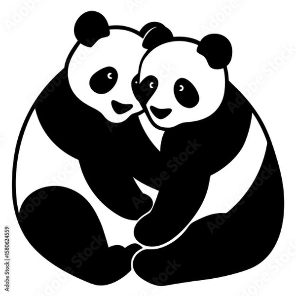 Fototapeta Two pandas hugging together monochrome silhouette vector illustration