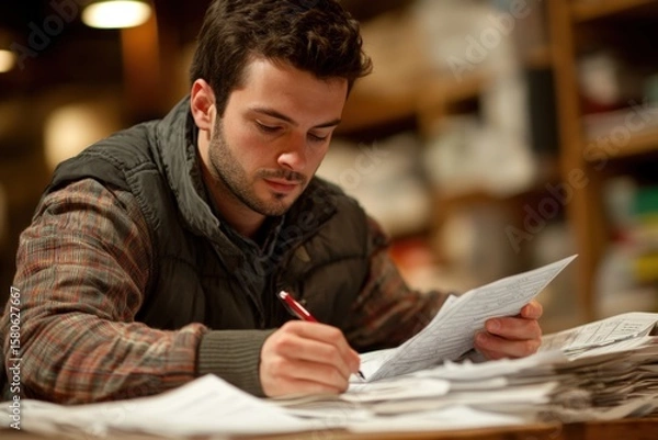 Fototapeta Bookkeeping for small business scene with shop owner calculating expenses 