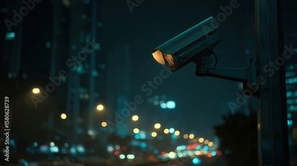 Fototapeta Control center monitors showcase urban activity and city lights at night from elevated perspective