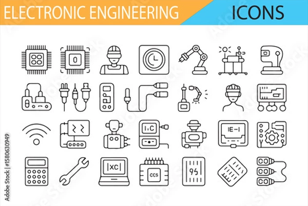 Fototapeta A set of icons representing key components of electronic engineering like chips, robotics, and power tools.