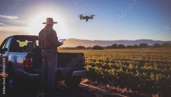 Fototapeta A Gen Z American man controls a drone in the back of a pickup truck.