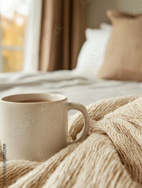 Fototapeta A cozy beige ceramic mug filled with coffee rests on a soft, textured blanket in a warm, softly lit bedroom setting.