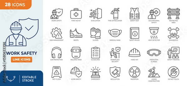 Fototapeta Work safety line editable icon set. Containing workplace security, Safety first, hard hat, insurance, first aid kit, risk management, regulation, and more. editable stroke. Vector illustration