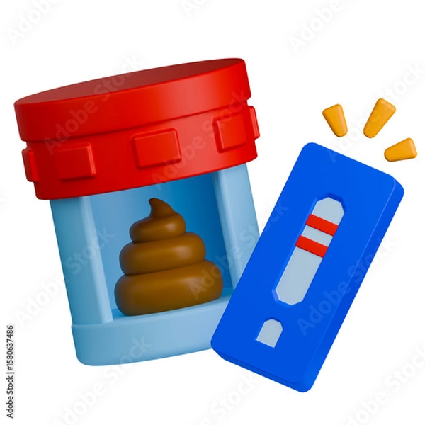 Fototapeta Stool test kit with positive result and feces sample in container. 3d illustration.
