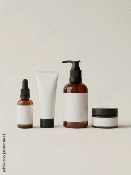 Fototapeta A minimalist arrangement of four skincare products with blank labels on a neutral background