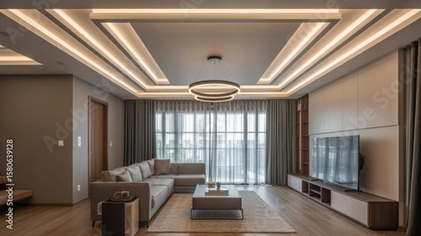 Fototapeta Interior of a living room featuring a sectional sofa, a modern ceiling, and large windows with drapes