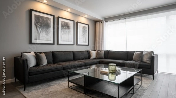 Fototapeta Corner sofa with pillows and a glass coffee table in a living room with art and window blinds