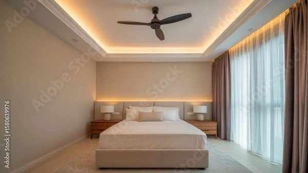 Fototapeta A bedroom with a bed, two nightstands, a ceiling fan, and curtains in a well lit environment