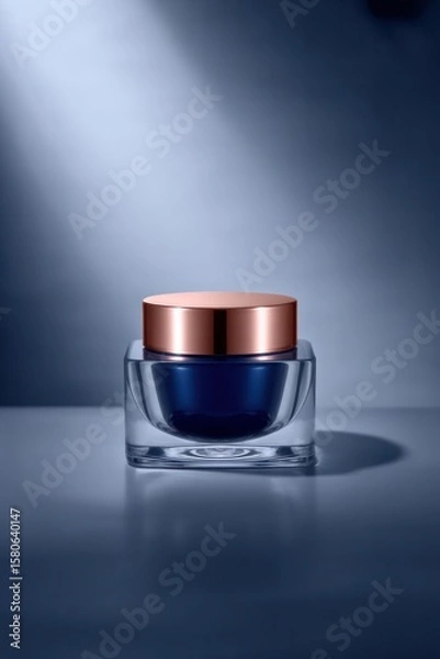Fototapeta Close up of a square glass jar with a copper lid filled with blue cream on a blue background