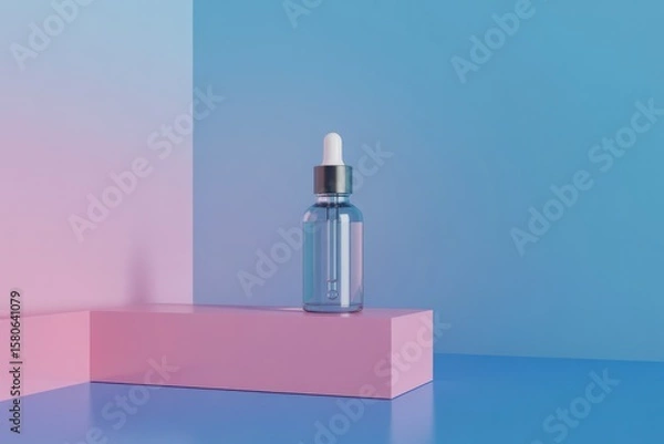 Fototapeta Clear dropper bottle on pink platform with blue and pink backdrop studio product shot style