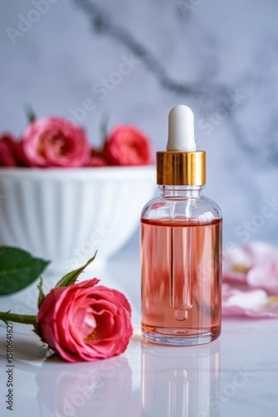 Fototapeta A close up of a bottle of rose oil with roses in a bowl on a marble surface in soft lighting