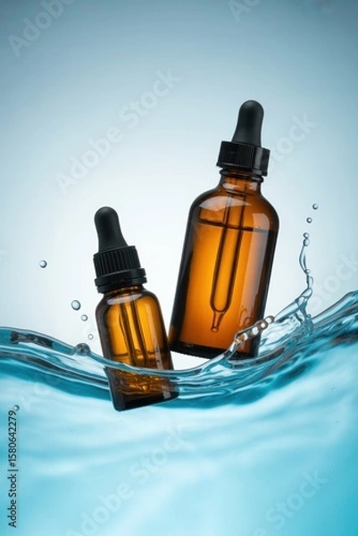 Fototapeta Two amber dropper bottles submerged in water with splashes against a light blue background