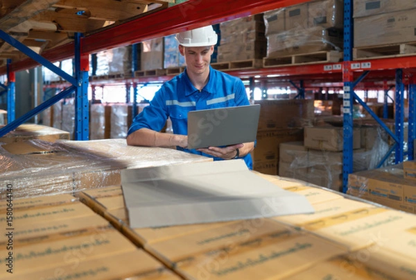 Fototapeta Young worker in blue uniform and safety helmet review inventory record on laptop computer. Stand among stacked boxes in a busy storage area. Working atmosphere in general warehouse with racking system