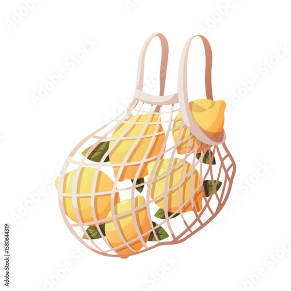Fototapeta Lemons in a reusable net bag isolated on white. Vector illustration.