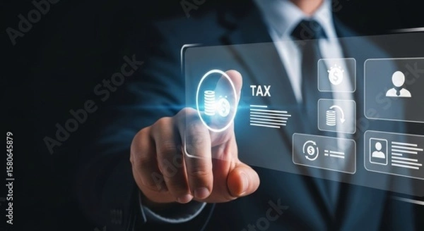 Obraz Close-up of businessman using holographic tax interface, featuring virtual icons for online tax payment, income tax return, digital tax filing, and financial account overview.