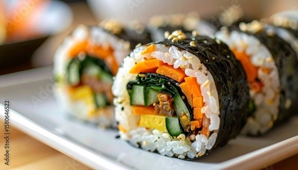 Obraz Neatly Rolled Kimbap with Fresh Vegetables and Sesame Seeds in Shallow Depth of Field