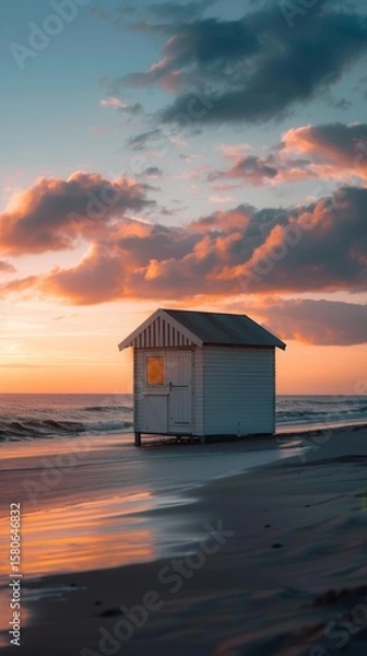 Fototapeta A lone beach house with warm glowing windows stands on a tranquil shore, with the serene ocean and twilight hues in the background.