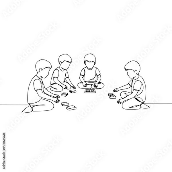 Obraz Four children playing a cooperative game on the floor indoors  