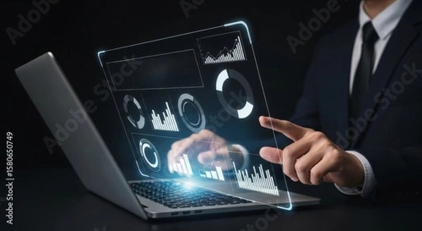 Obraz Businessman interacts with a holographic dashboard analyzing sales data, using futuristic technology for performance management, business growth, and decision-making strategies.
