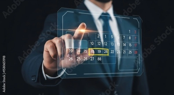 Obraz Businessman Using Holographic Calendar Interface for Time Management, Scheduling, and Meeting Planning